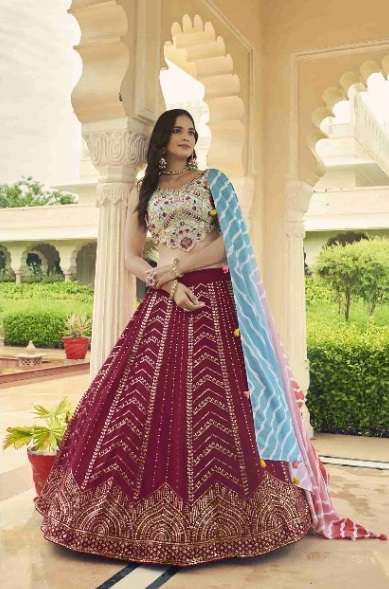 Deep Pink Sky Multi Color Exclusive Bridal Wear Lehenga Choli Wholesale