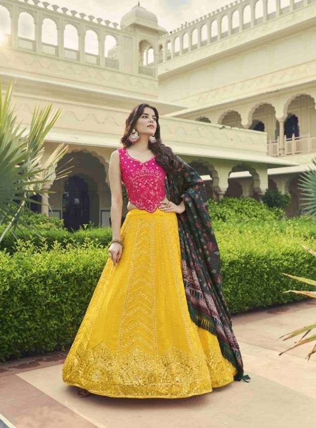 Yellow Deep Pink Green Multi Color Exclusive Bridal Wear Lehenga Choli Wholesale