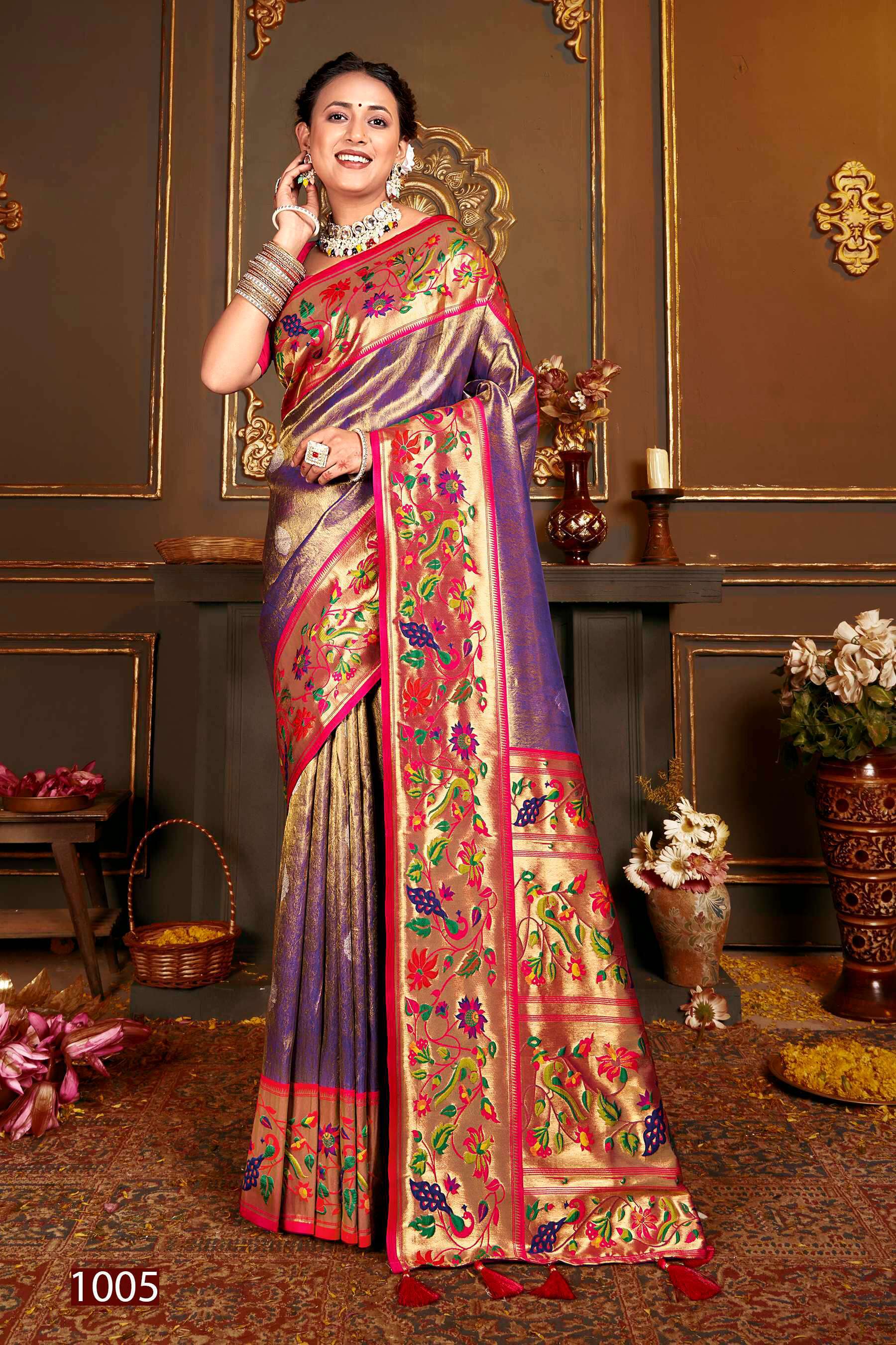 Saroj Kshimmer Silk-1 Heavy Satin Tissue Silk Rich Pallu Saree wholesaler in Surat
