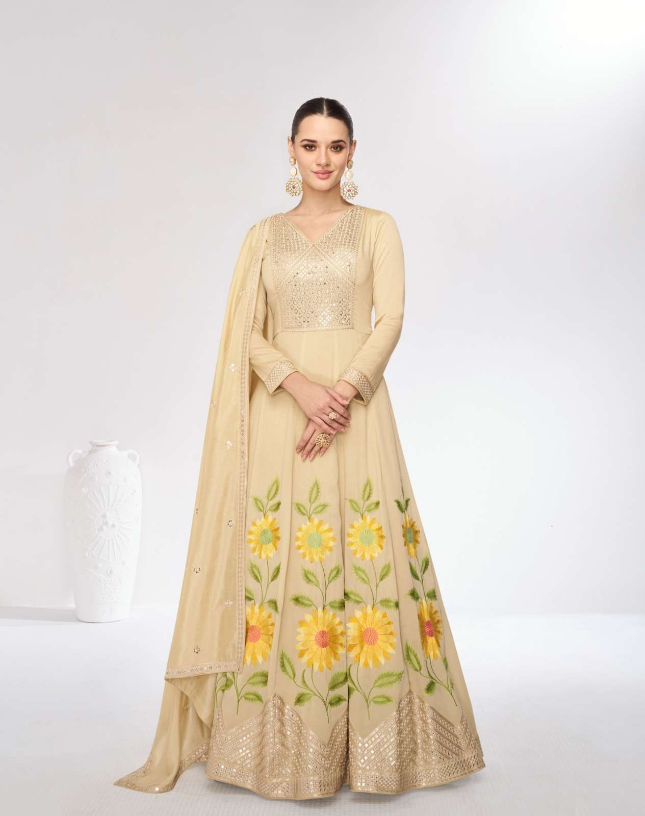 Aashirwad Mari Gold Premium Silk Gown With Dupatta Wholesale Kurti India