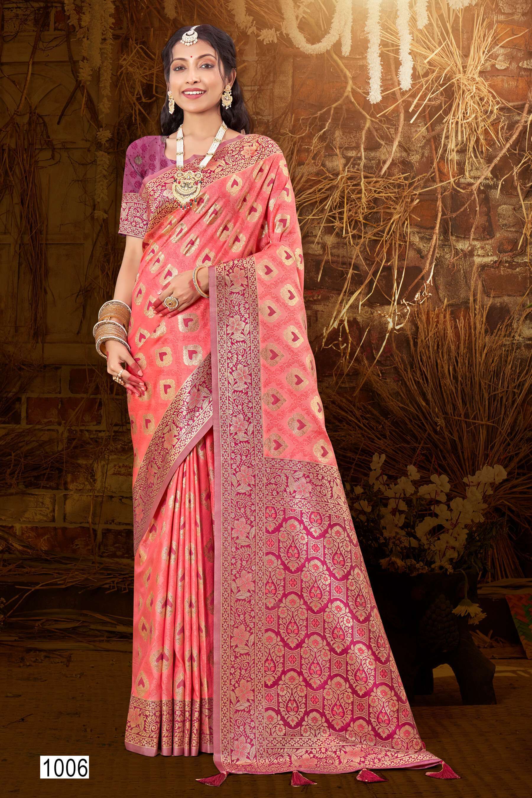 Saroj KARUNA Vol.4 50*600 Heavy silk fabric with jacquard contrast border pallu Wholesale Saree India