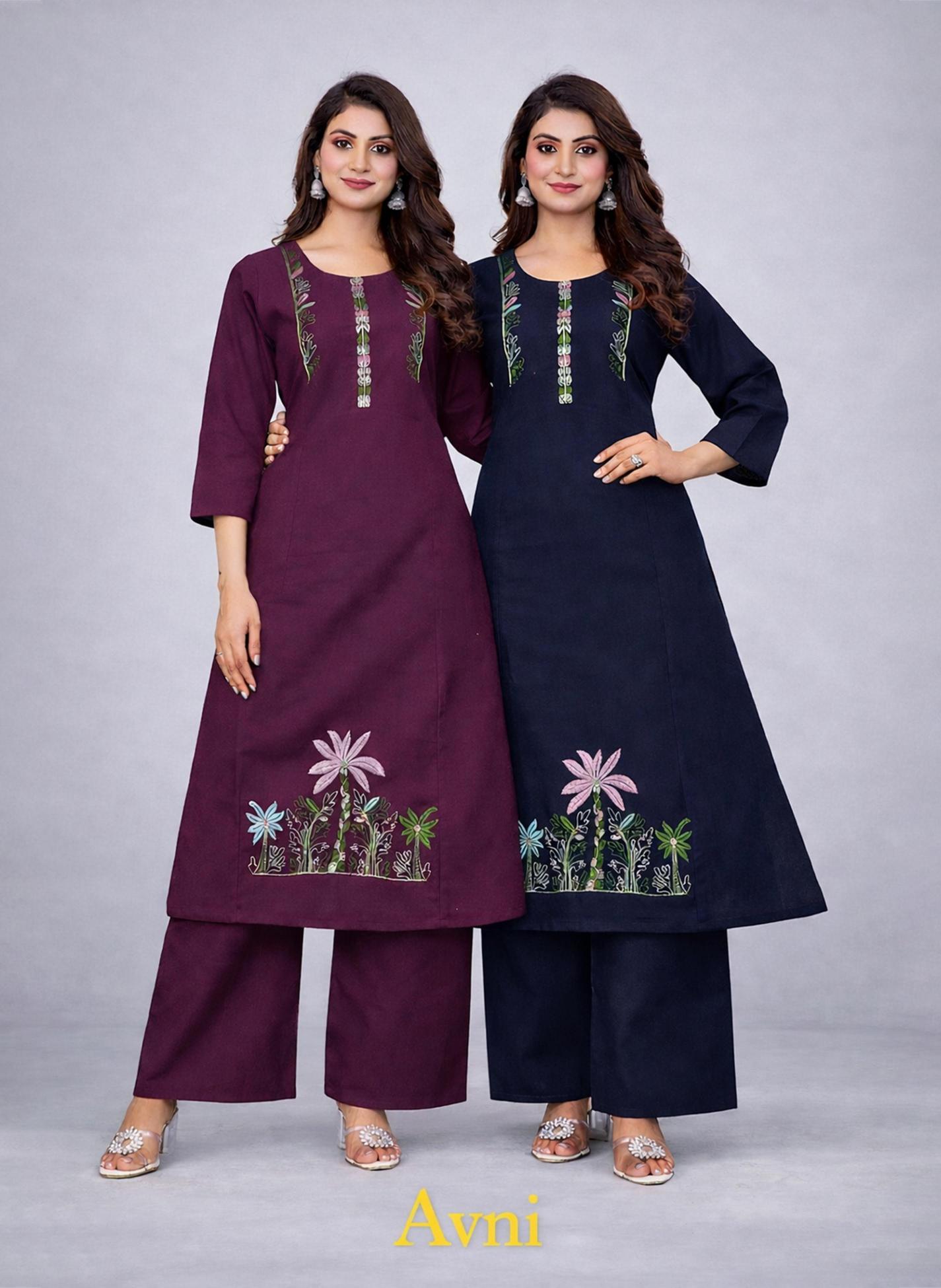 Surili - AVNI Flax Cotton Embroidery Kurta Palazzo Set - Sanvari Fashion
