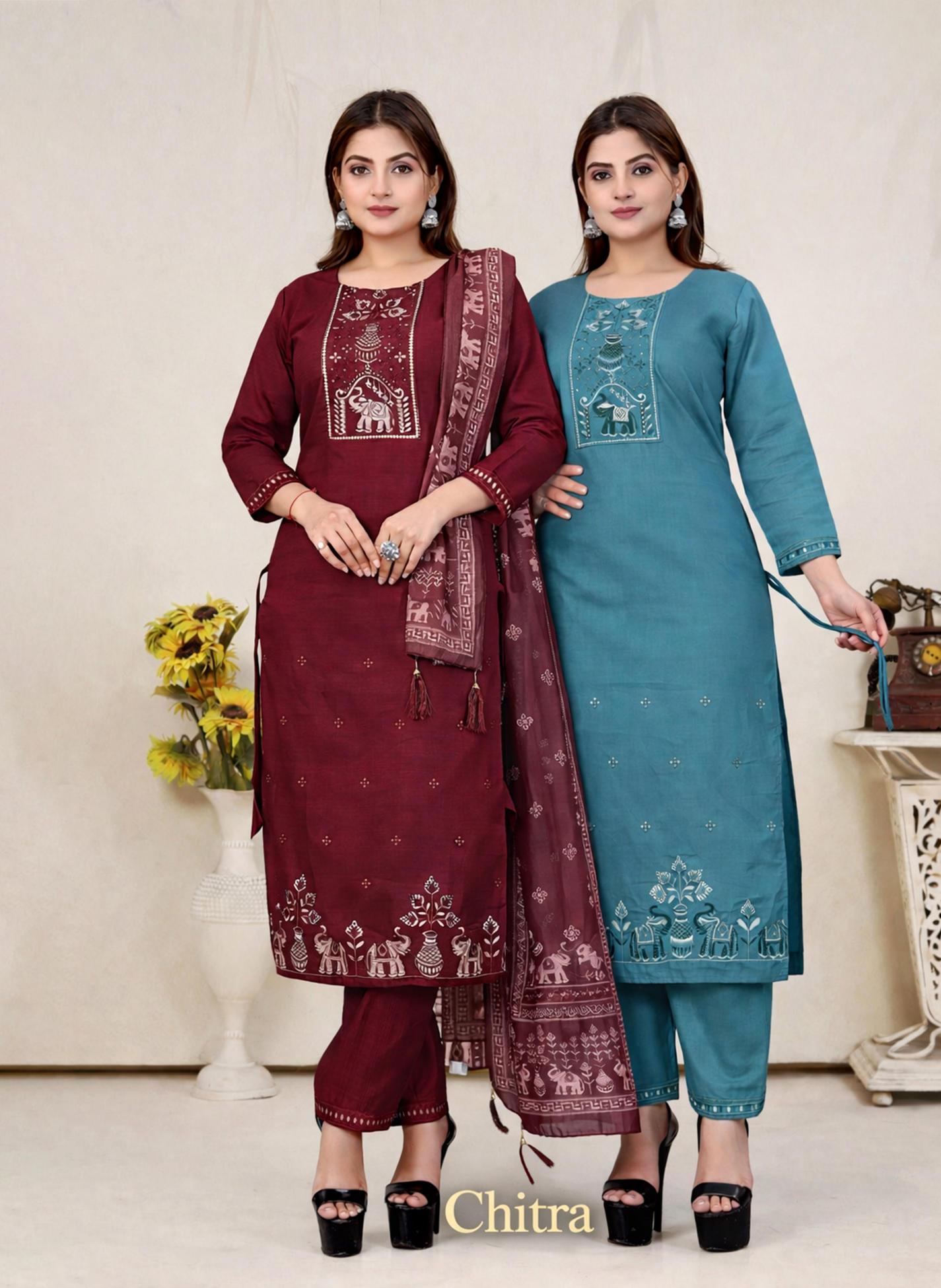 Surili - Chitra Vatican Cotton Embroidery Kurta Pant & Dupatta Set Traditional - Sanvari Fashion