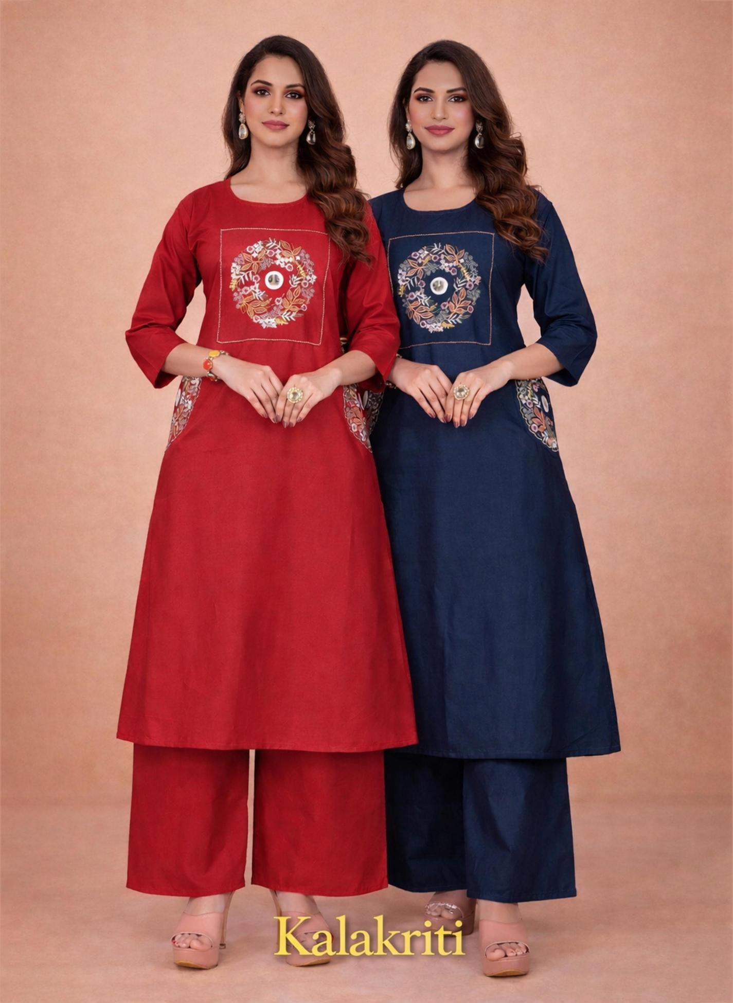 Surili - KALAKRITI Dabu Cotton Embroidery Kurta Palazzo Set - Sanvari Fashion