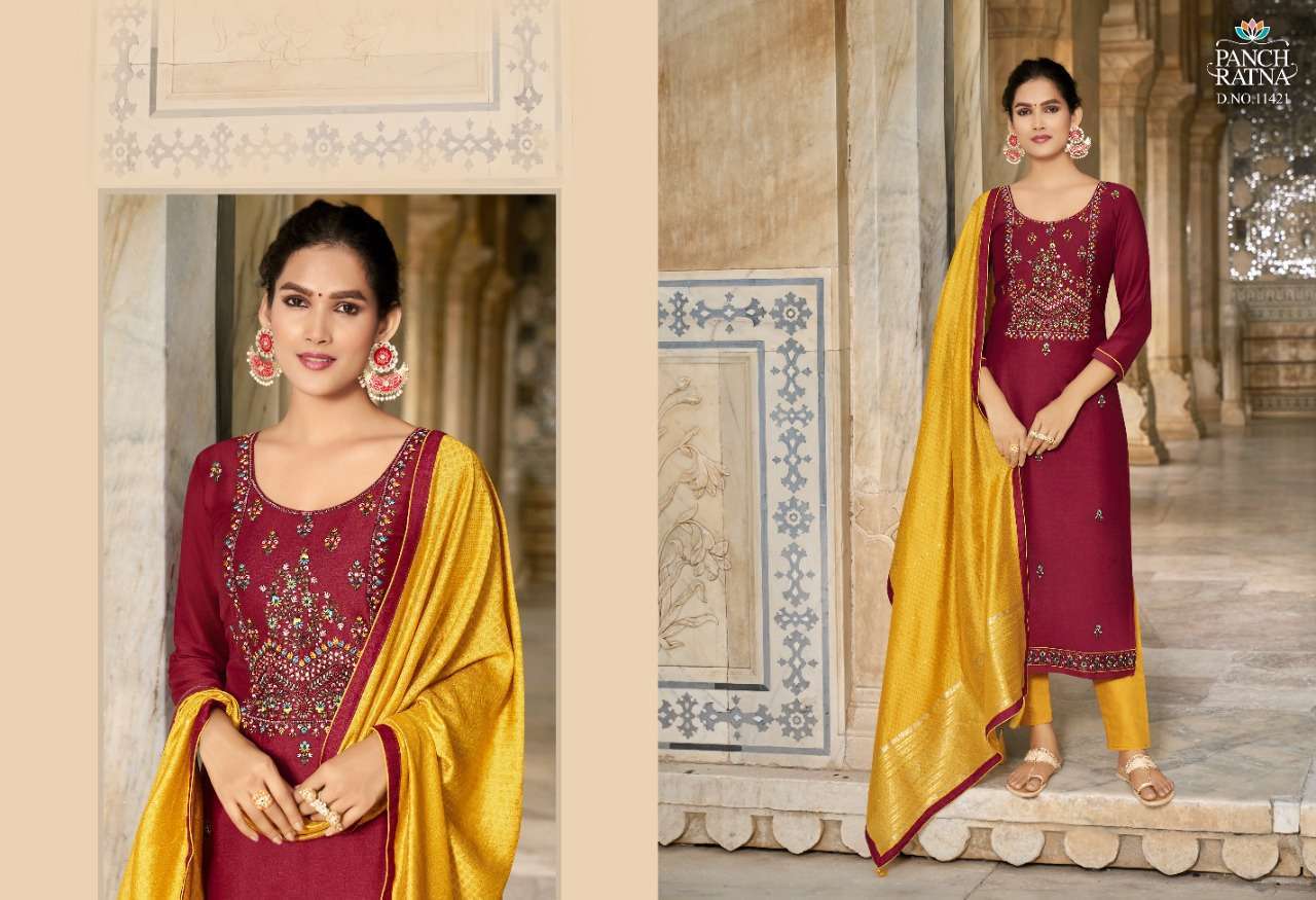 Panch Ratna Aaradhna With Kantha Work Dress Material Catalog