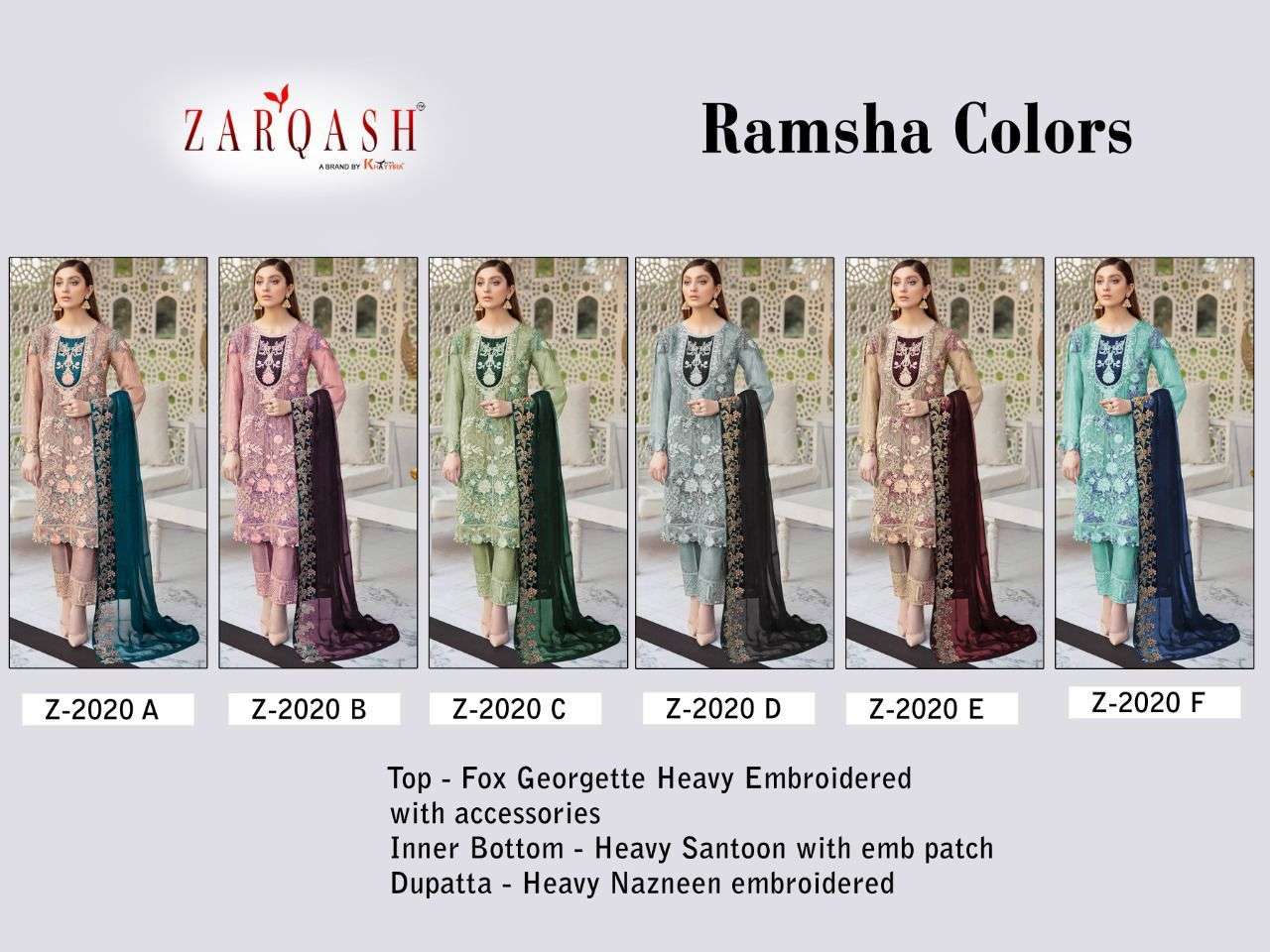 Zarqash Ramsha Colors 2020 Pakistani Salwar Kameez catalog
