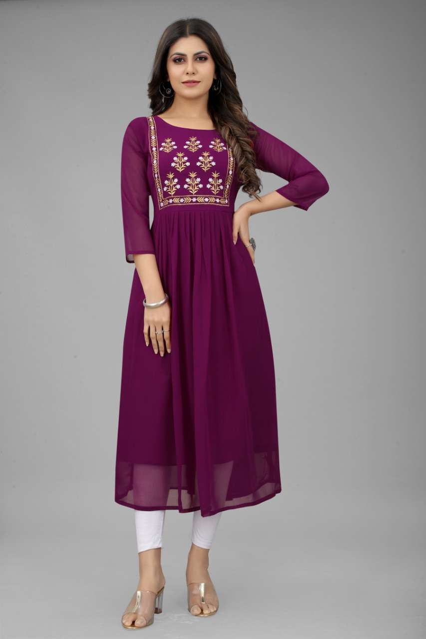 Purple Color Designer Georgette Wear Straight Kurti Wholesale