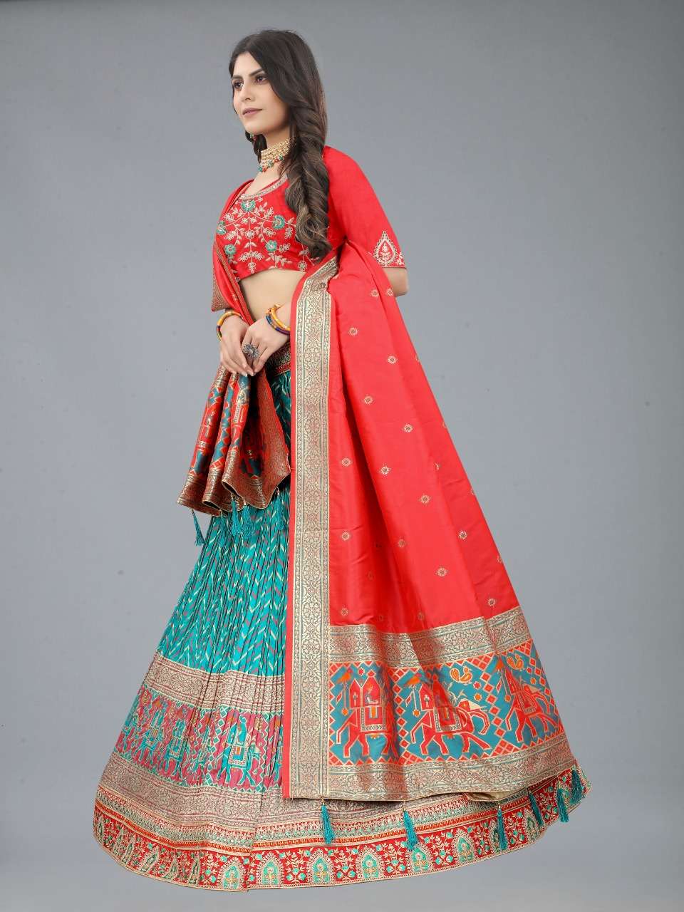 Red & Blue Multi Color Fancy Designer Banarasi Silk Bridal Lehenga Choli Wholesale