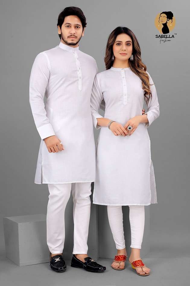 White Cotton Traditional Wear Couple Kurta Wholesale