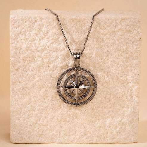 Nitya Black Rhodium Vintage Compass Pendant With Box Chain varnam silver jewellery