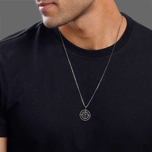 Nitya Black Rhodium Vintage Compass Pendant With Box Chain varnam silver jewellery
