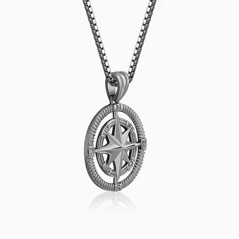Nitya Black Rhodium Vintage Compass Pendant With Box Chain varnam silver jewellery