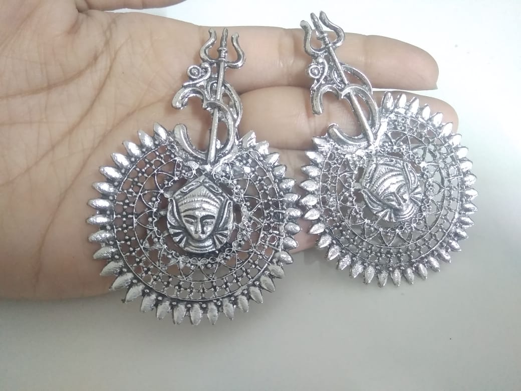 IJ Presents Oxidised Metal Silver Plated Devotional Om Trishul Damroo Earrings For Girls And Women